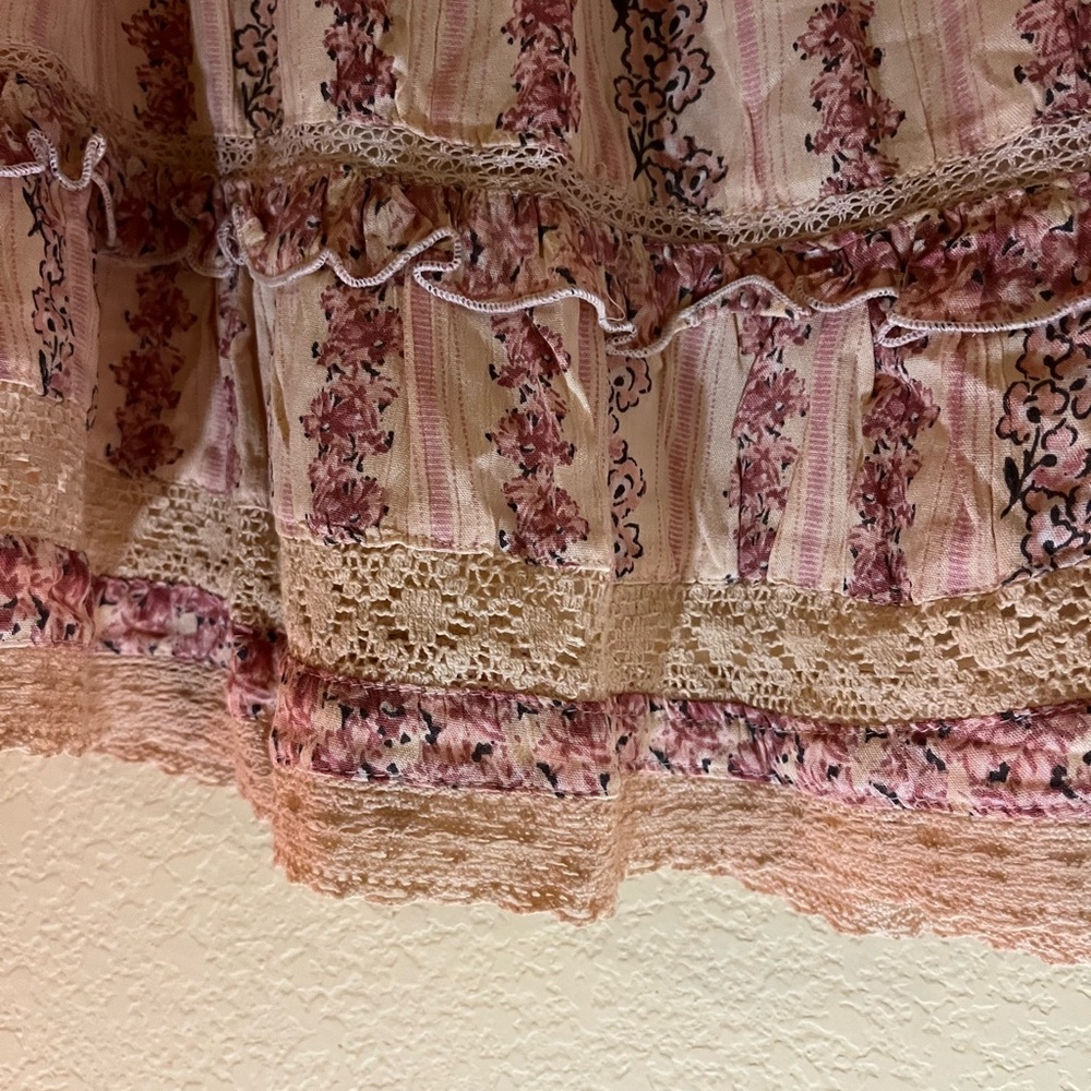 Angie Pink and Cream Striped Floral Ruffle Mini Skirt - Picture 2 of 4